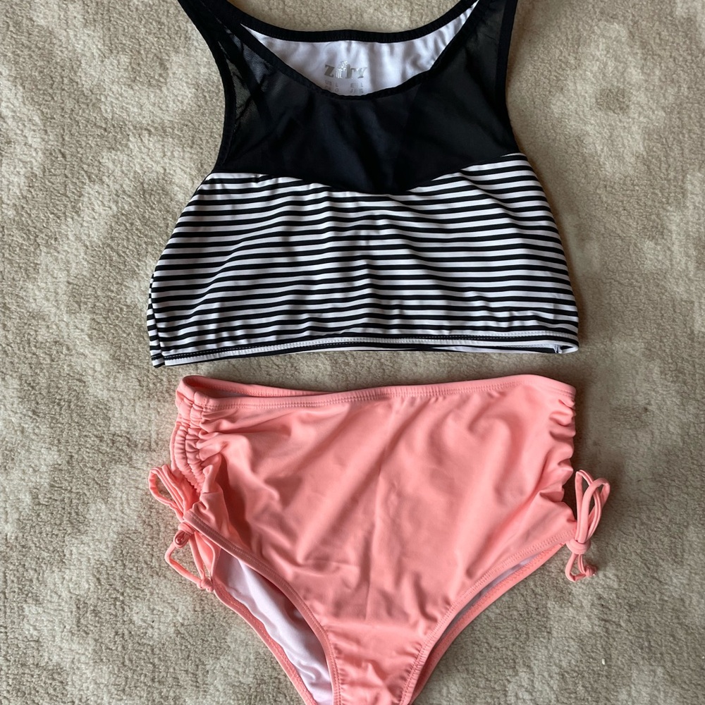 Black Striped Bikini Top with Pink Bottoms